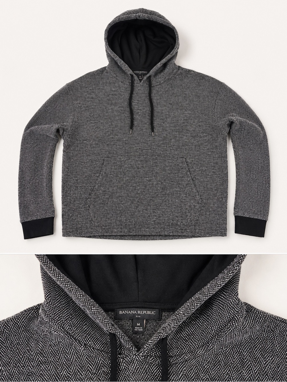 Banana Republic Men's Charcoal Gray Hooded Knit Pullover with Black Accents
